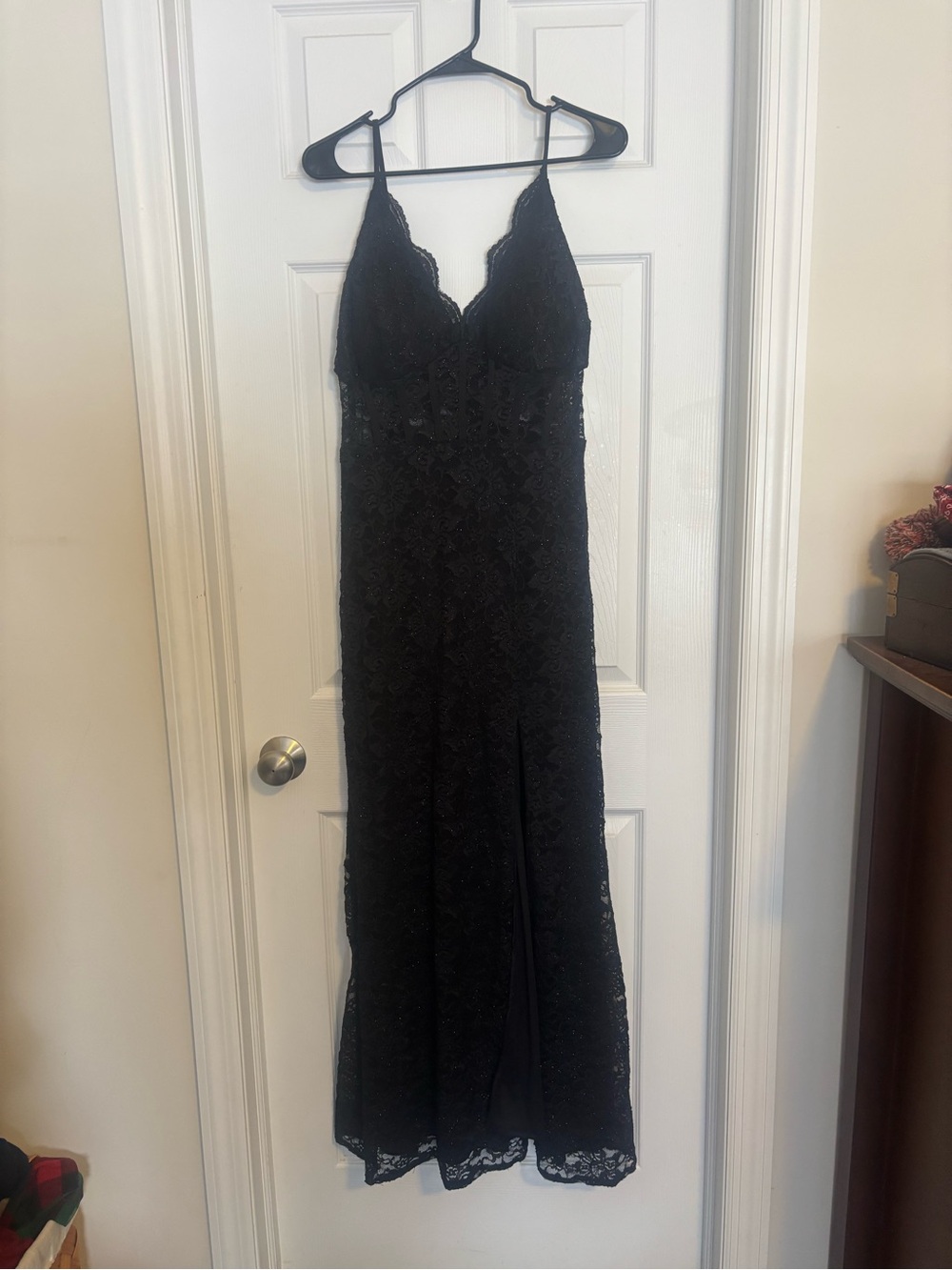 Morgan & Co. Black Lace Maxi Dress with Spaghetti Straps